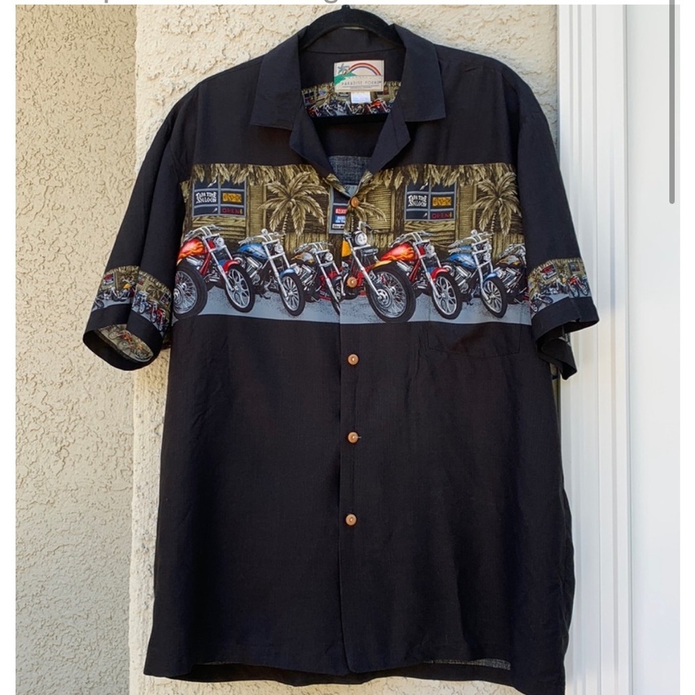Paradise Found Hawaiian Button Shirt w Motorcycle Print Men's Size L